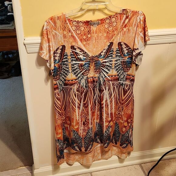 Live & Let Live Orange Embellished Flutter Sleeves Top w/ Butterflies Size L - Picture 1 of 7